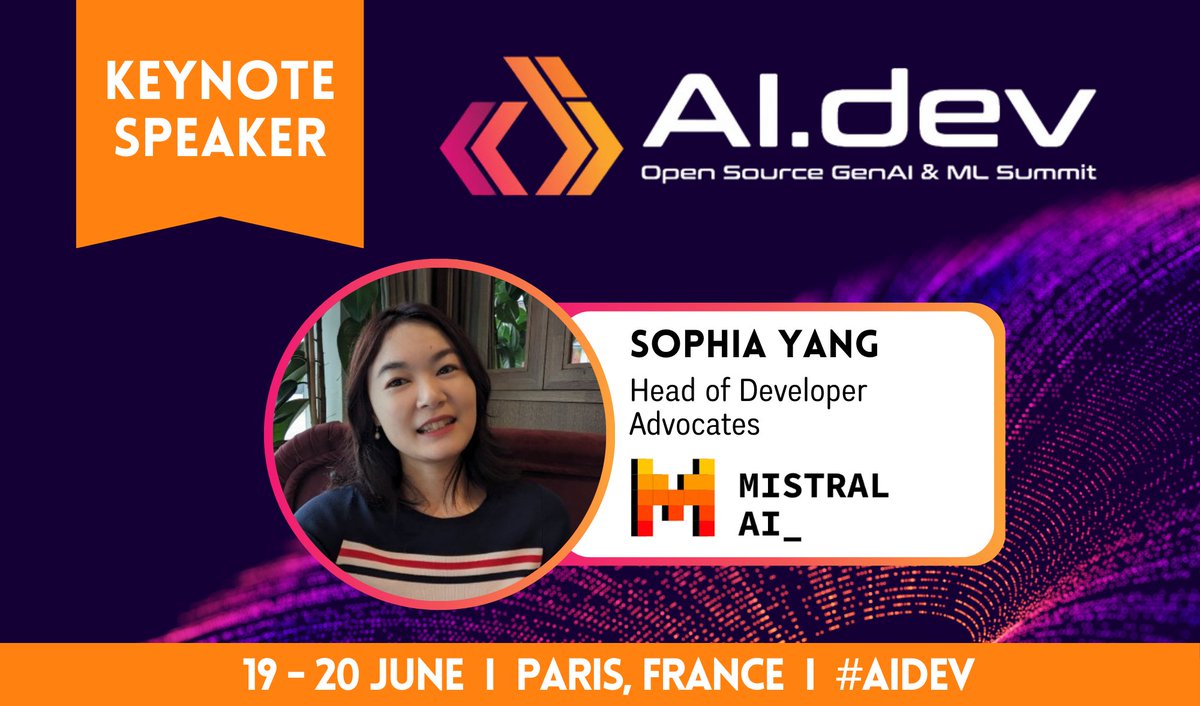 Are YOU ready?! @sophiamyang of @MistralAI is taking the stage at #AIDev Europe! Dive into the full schedule, showcasing a dynamic lineup at the forefront of #OpenSource + #AI innovation: hubs.la/Q02wH1Ps0. Register + join us 19-20 June in Paris! hubs.la/Q02wGZ8F0