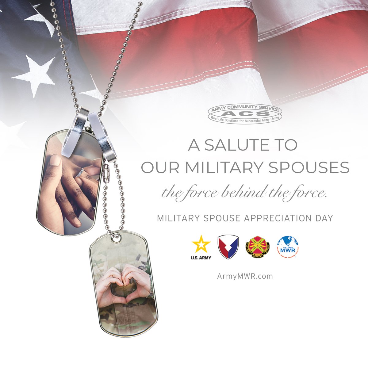 Let’s raise our voices for #MilitarySpouseAppreciationDay – the day we honor military spouses in our lives and communities! Thank you, military spouses – our servicemembers can do THEIR jobs because YOU do YOURS so well. armymwr.com/military-spous… from @FamilyMWR