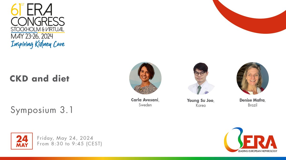 📣 Save the date! Symposium 3.1 at #ERA24 will focus on 'CKD and diet', join our speakers on: 📅May 24, 8:30 - 9:45 (CEST) Discover our Scientific Programme 👉 bit.ly/3HBmvXf