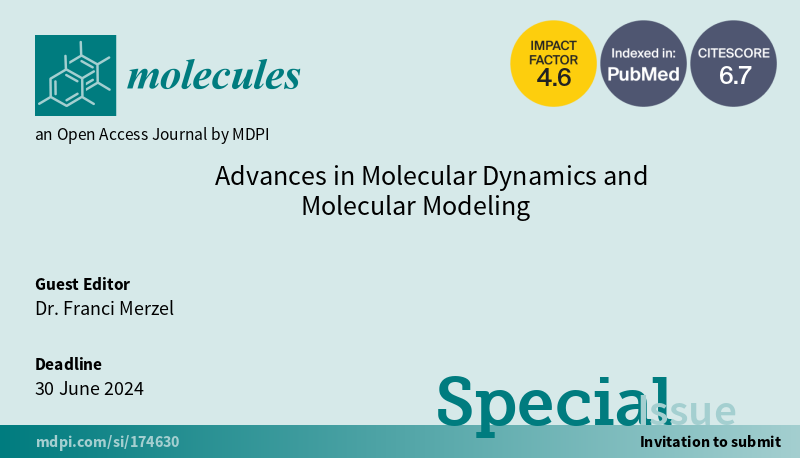📢Call for Submissions to the Special Issue: 'Advances in Molecular Dynamics and Molecular Modeling' ✏️Guest edited by Dr. Franci Merzel 🔗brnw.ch/21wJDPM 💻#molecular_dynamics #multiscale_modeling #PrincipalComponentAnalysis #theoretical_chemistry