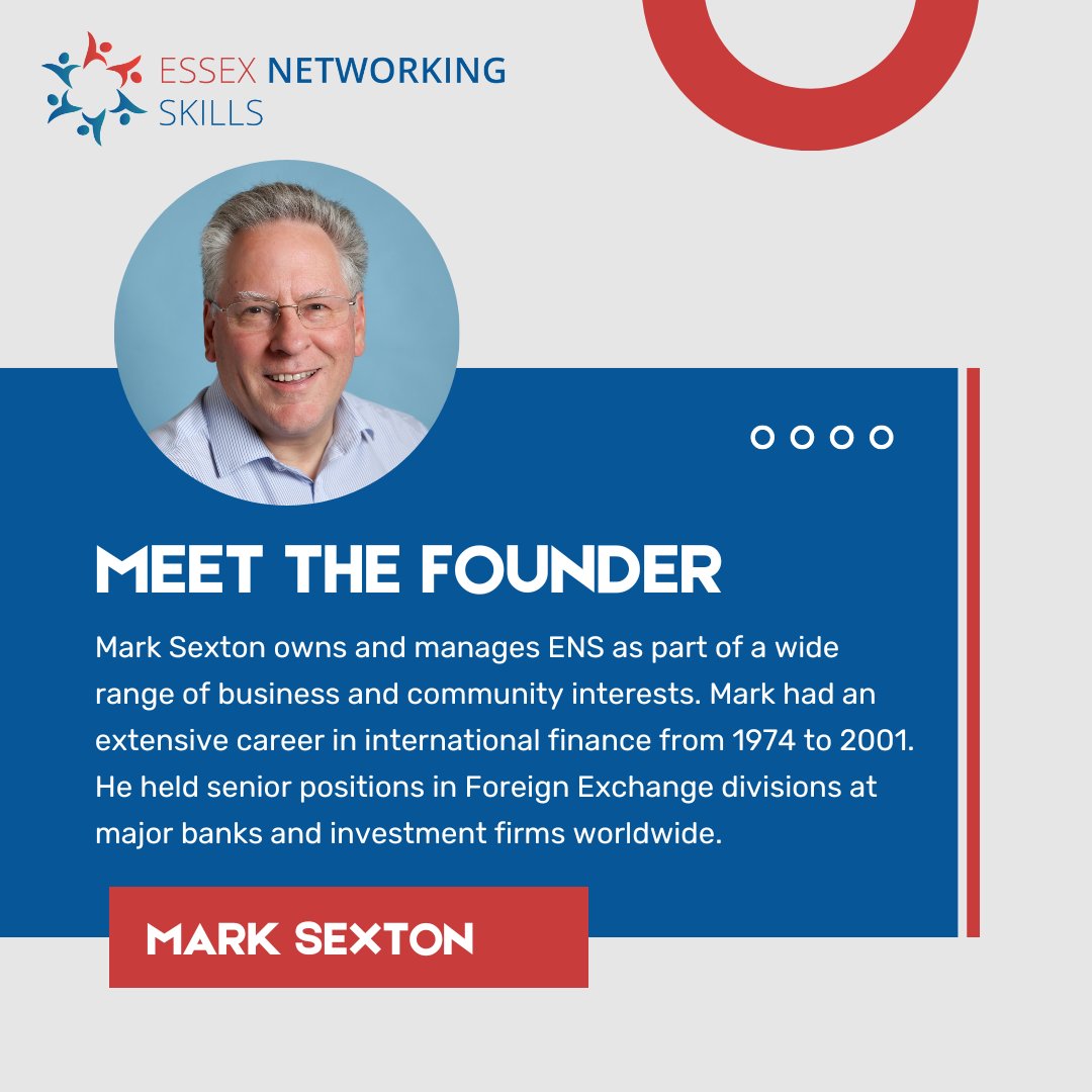 Mark is the driving force behind ENS, combining it with a diverse portfolio of business and community ventures

07951 698 363

essexnetworkingskills.com..
mark@essexworkskills.co.uk

#ProfessionalNetwork #Essexnetworkingskills #businessesinsuffolk #marketingskills #networkingessex
