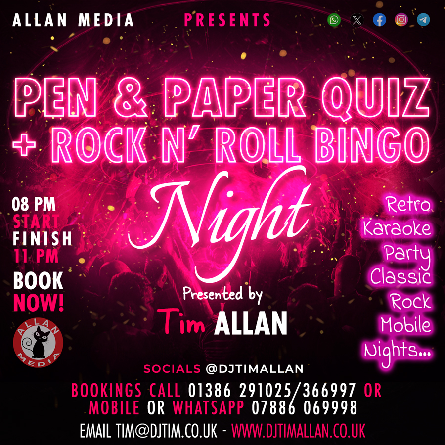 🎙️Quiz & Rock N’ Roll Bingo Night 🗓️BOOK NOW! 🎤Mobile/Radio DJ – Events/Pubs/Parties 🎶Retro/Classic Rock/Party/Karaoke/Event Announcer ☎️01386291025/366997 📱Mobile💬WhatsApp 07886069998 ➡️Socials @djTimAllan @AllanMediaUK 📩tim@djTim.co.uk 🌐allanmedia.co.uk/2024/02/05/qui…