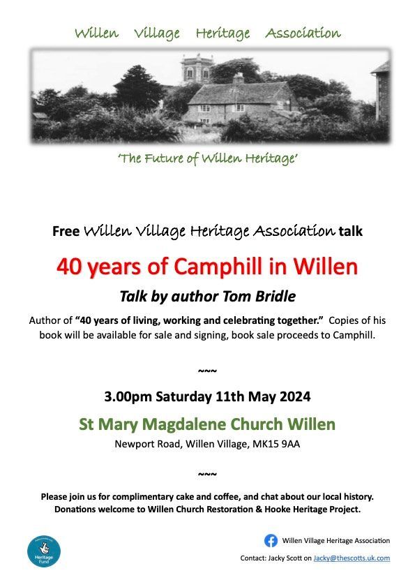 Reminder! This Sat, join Tom, author of our book at a FREE talk hosted by Willen Village Heritage Association at St Mary Magdalene Church, Willen at 3:30pm. The perfect opportunity to find out more about us. #CamphillMK #Willen #LocalHistory #WhatsOnMK