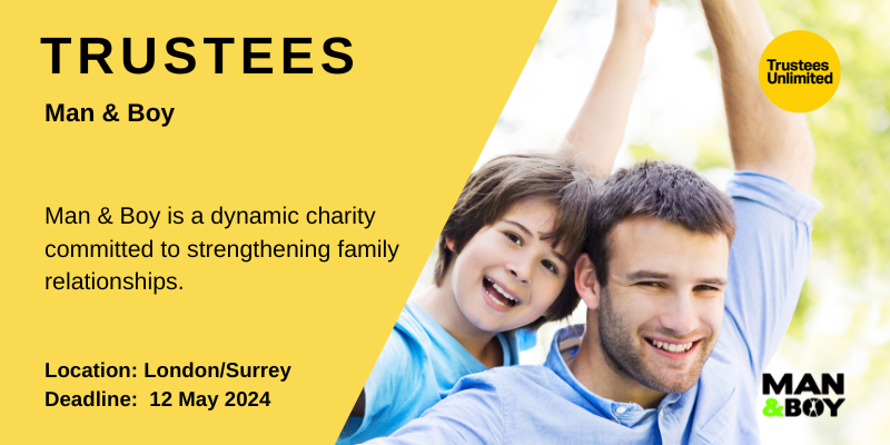 **NEW TRUSTEE ROLES*

 #ManAndBoyUK 

Deadline: 22 May 2024
More info: ow.ly/lXy250QYsXW

 #Leadership #Governance #CharityTrustee #TrusteeRole #Treasurer #GoodGovernance #CharityRole #CharityJob #Trustee #BoardMember