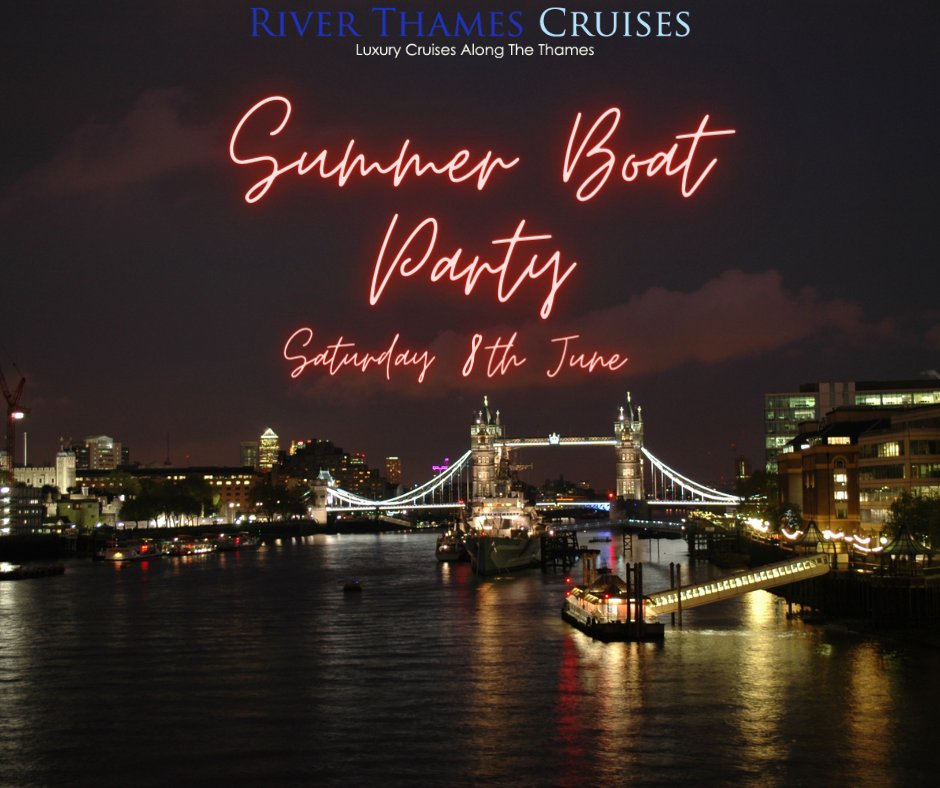 Summer Boat Party - Saturday 8th June 2024

£34.00 per person - Over 18’s only

Book now to avoid disappointment: ow.ly/6KZy50R8cta

#Summer2024 #ThamesCruises # BoatParties #RiverThames #PrivateHire #VisitLondon #ThamesRiverTours #TowerBridge #CorporateParties