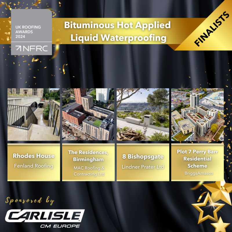 🎉 Best wishes to the finalists in the Bituminous Hot Applied Liquid Waterproofing category, sponsored by CARLISLE® CM Europe
🌟 Fenland Flat Roofing
🌟 Lindner Prater Ltd 
🌟 MAC Roofing &amp; Contracting Ltd 
🌟 Briggs Amasco Ltd 

Good luck! 
#RA2024 hashtag#RoofingAwards2024
