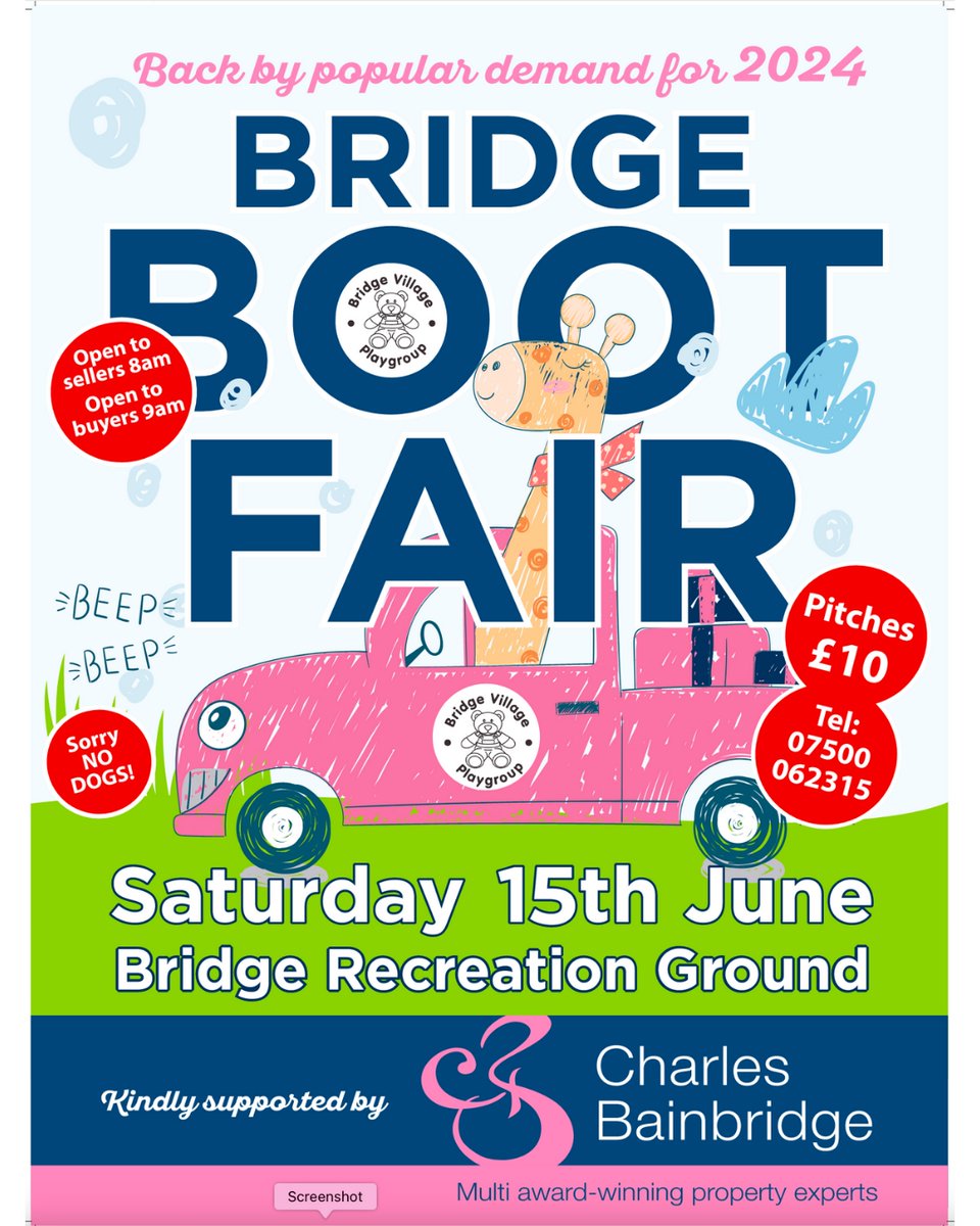 Back by popular demand for 2024 the Bridge Village Playgroup's Boot Fair taking place on Saturday 15th June at the Bridge Recreation Group.

#bridge #bridgevillage #kent #bootfair #bridgevillageplaygroup #bridgerecreationground #summer2024 #charlesbainbridgeestateagents