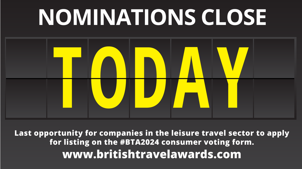 FINAL CALL #TravelCompanies #TourOperators #TravelAgents #VillasHolidays #TravelDeals #CruiseLines #Airlines #HotelChains #UKairports #UKholidays companies. @ATOLprotected @ABTAtravel @AITOHQ @ABTOT_UK @CLIAUK @coachtourismUK members.
#BTA2024 application ow.ly/SO0i50RB4sk