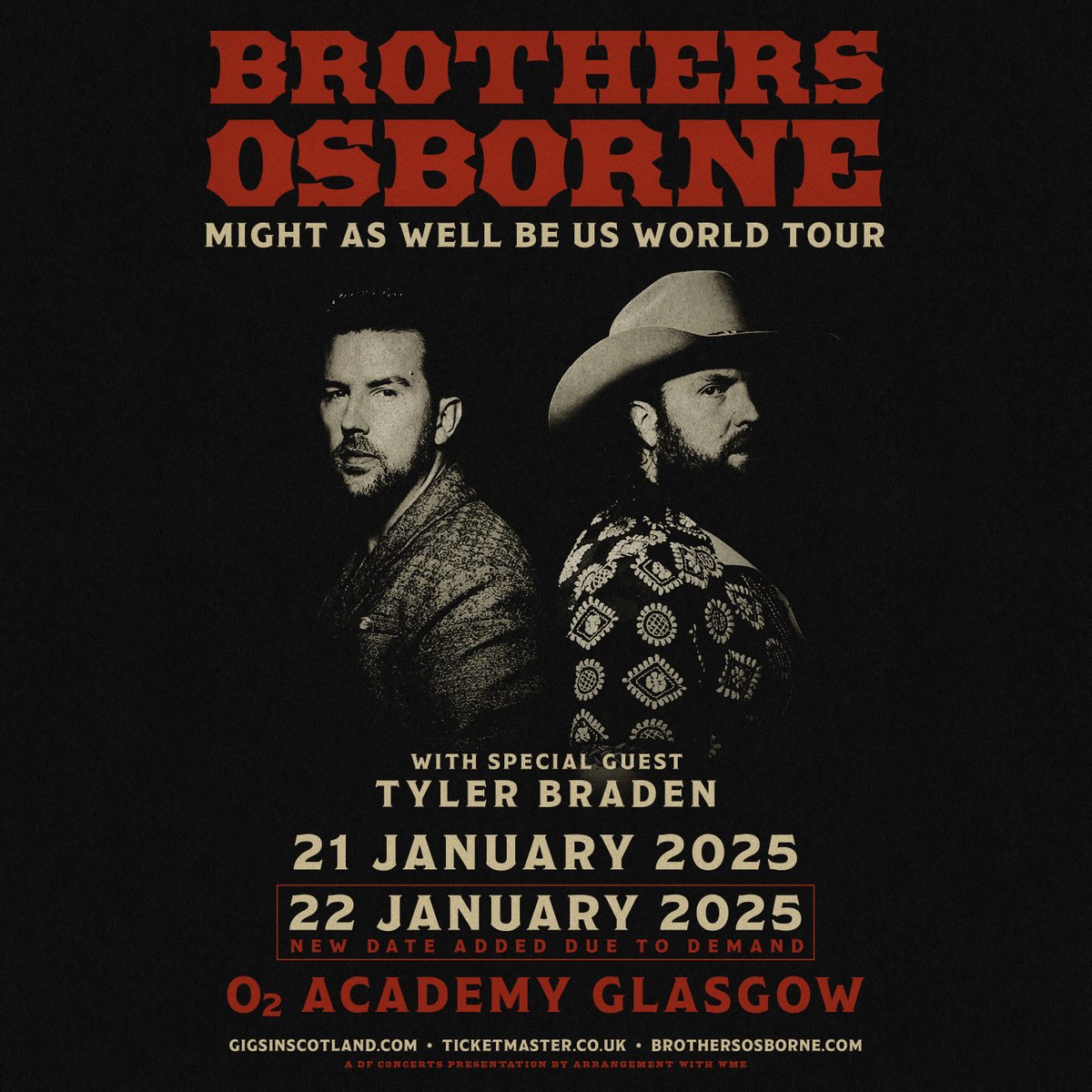 Due to huge demand, a second @brothersosborne show has been added here, Wed 22 Jan. Tickets for both dates on sale today, Fri 10 May at 10am. 🔊 🎟️ amg-venues.com/S9Jj50RB4wY #O2AcademyGlasgow