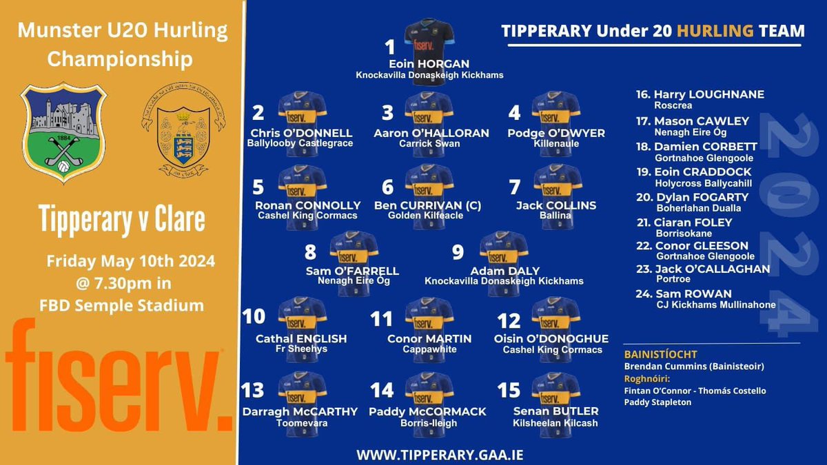 Best of luck to Jack O Callaghan and the Tipperary u20 hurling panel and management who play Clare in the Munster Championship this evening, Friday, at 7.30pm in FBD Semple Stadium Thurles. The game will also be live on TG4.