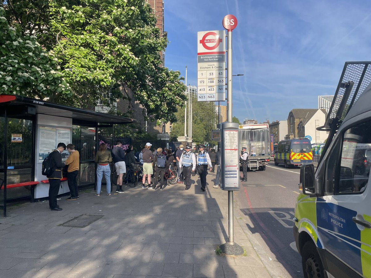 HAPPENING NOW: Activists in south London have seen off police once already this morning, as immigration enforcement attempt to move asylum seekers from a hotel to the Bibby Stockholm. Protest is currently around 30 people and growing.