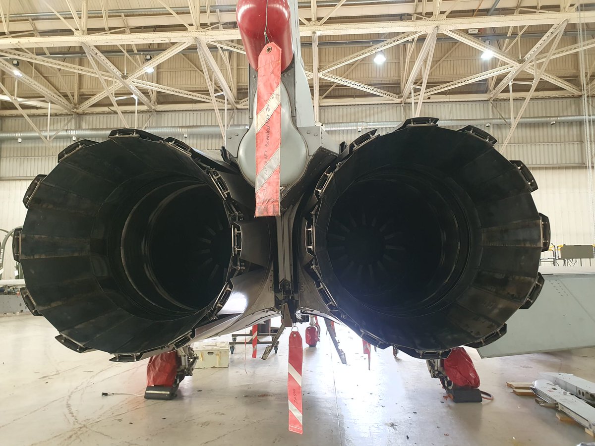 Following work by the Training Equipment Support & Safety team at RAF Cosford and a team from the Aircraft Maintenance & Storage Unit at @RAF_Shawbury, Typhoon ZH590 now has her engines fitted. Don't forget to come and see her at the @cosfordairshow on 9 June. #PhoonFriday