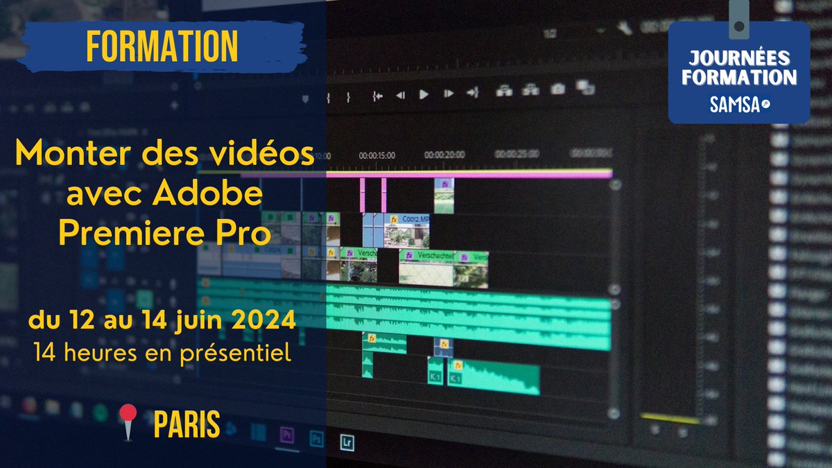 Samsafr's tweet photo. Venez vous former au montage avec Adobe Premiere Pro pour réaliser des vidéos de qualité. Notre formation vous permettra de prendre en main ce logiciel de référence.

🗓️ Date:  du 12 au 14 juin
📌 Lieu: Paris

Infos et inscriptions : https://t.co/5nKgsAdfXD https://t.co/oNBdkIN95M