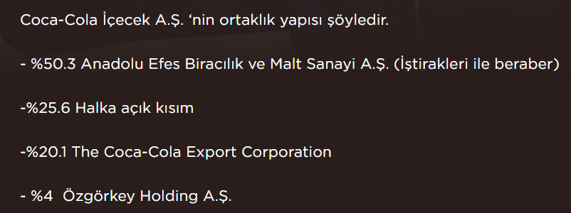 Biraz kalemlerimizi çalıştıralım.

Anadolu Efes (#AEFES), Coca Cola(#CCOLA)'nın %50,3'üne sahip.

Tacirler Yatırım, 1 yıl sonrası için #CCOLA için 985 TL hedef fiyat vermiş. Bu da 250,555 milyon TL piyasa değerine tekabül ediyor. Bunun %50,3'üne #AEFES sahip yani Anadolu Efes'e