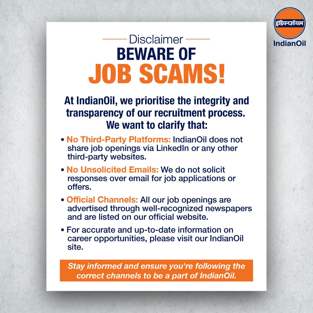 Beware of Job Scams! Click on the link, for job openings: iocl.com/latest-job-ope…

 #FakePost #Alert #FakeNews #IndianOil
