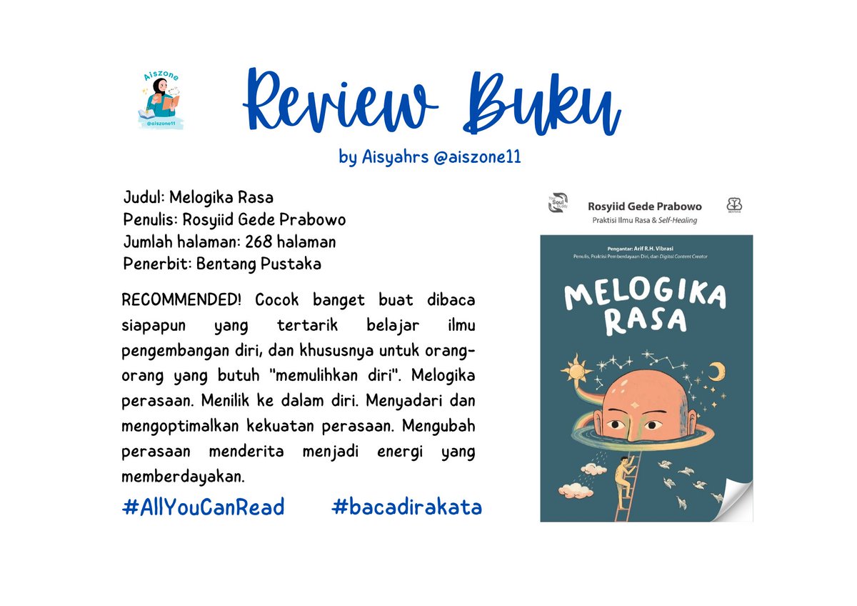 aiszone11's tweet photo. [Catatan Membaca]

📖 Melogika Rasa
✍️ Rosyiid Gede Prabowo
📃 268 halaman
📚 Bentang Pustaka

“Semua perubahan dimulai dari mengelola rasa.”

#allyoucanread #bacadirakata https://t.co/LUBpLRGd4V