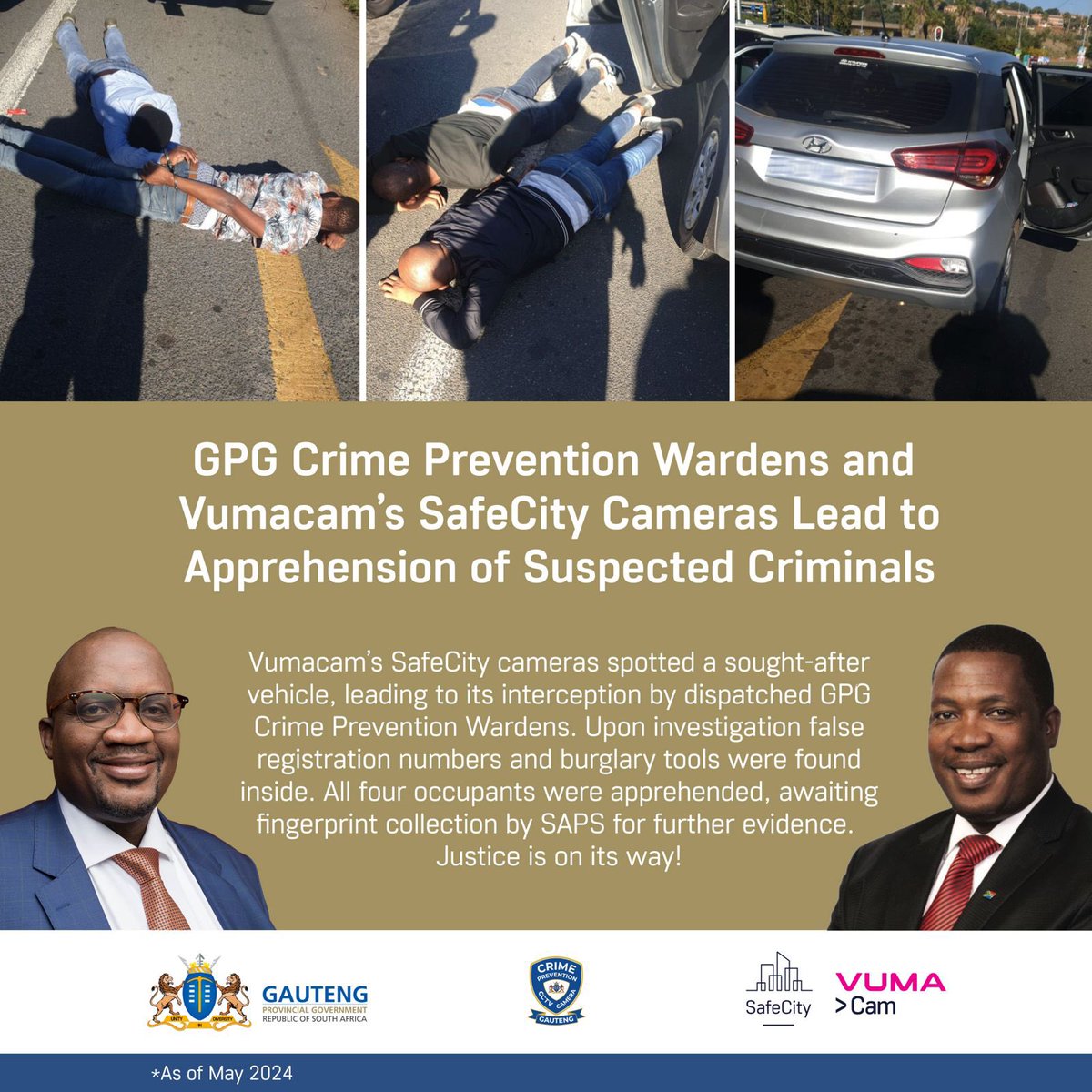 All four occupants were apprehended, and SAPS is currently awaiting the arrival of the fingerprint team to gather evidence at the scene. Justice is on its way!

#SafeCity #GrowingGautengTogether #egovfiveyearachievements