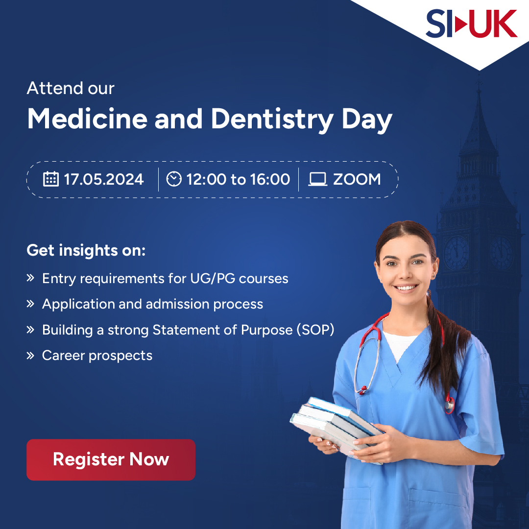 Join us for the SI-UK Medicine and Dentistry Day on 17th May from 12PM to 4PM on Zoom and learn all about undergraduate or postgraduate courses in medicine and dentistry to study in the UK. Register: tinyurl.com/2p8mxm25