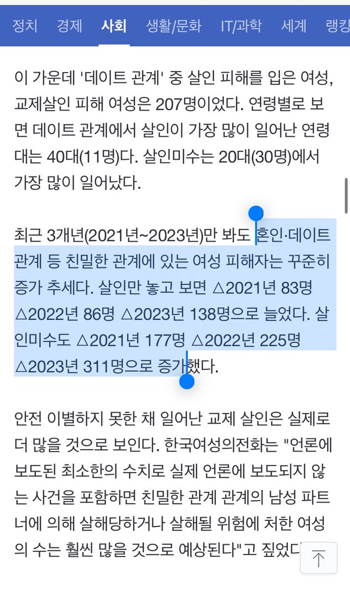 세월호참사 희생자가 304명
이태원참사 희생자가 159명이었는데…

지난해 데이트폭력 희생자가 최소 138명
살인미수에서 그쳐 산 생존자가 311명.

이 정도면 매년 참사가 반복되는 수준 아닌지.
이대로 전혀 안 괜찮은 거 아닌지.😥

지금 저출생대응부를 만들 때가 아닌데…