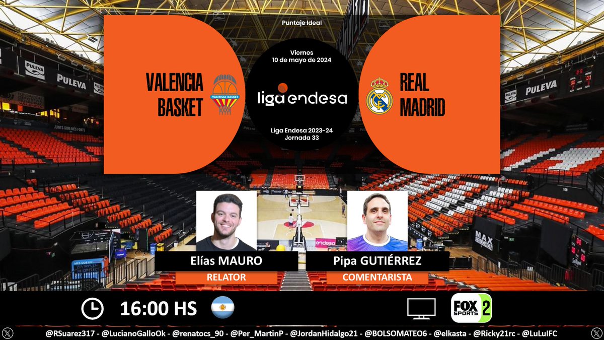🏀 #LigaEndesa 🇪🇦 | #ValenciaBasket vs. #RealMadrid
🎙 Relator: @elimauro_ 
🎙 Comentarista: @PipaGutierrez 
📺 @FOXSportsArg 🇦🇷
🤳 #LIGAENDESAxFoxSports - @ACBCOM
Dale RT 🔃