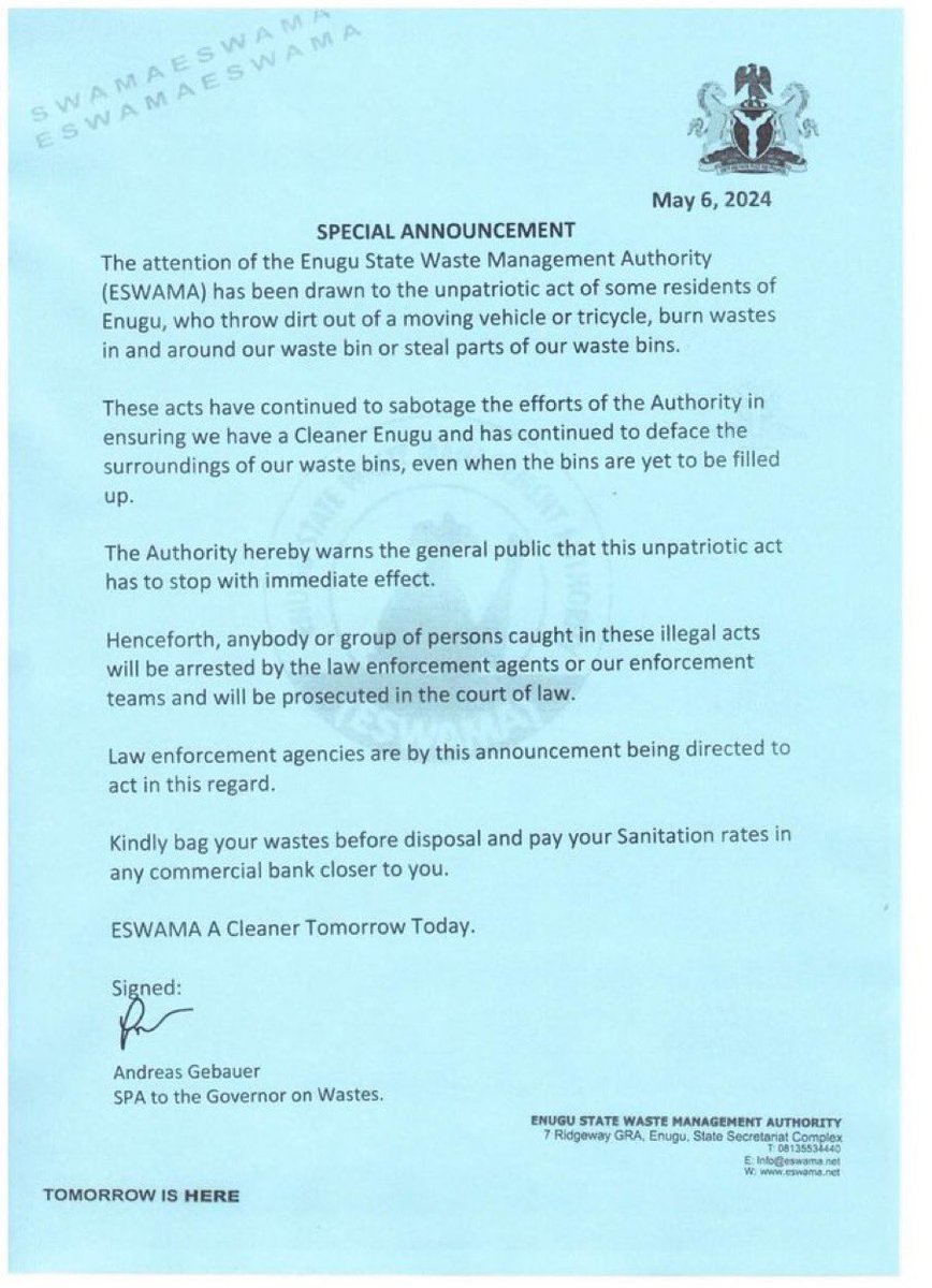 Pass the information. After 9 years, this directive is back again. Keep Enugu Clean!