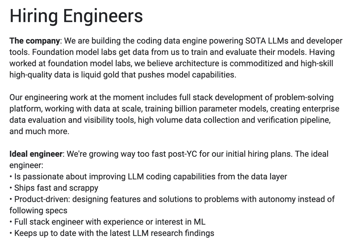 garrytan's tweet photo. Foundation LLM models for code are extremely hungry for high quality data, and this is one of the fastest growing (by revenue!) teams that just graduated from the last YC batch— they're looking for software engineers now. https://t.co/LyMWajMz7t