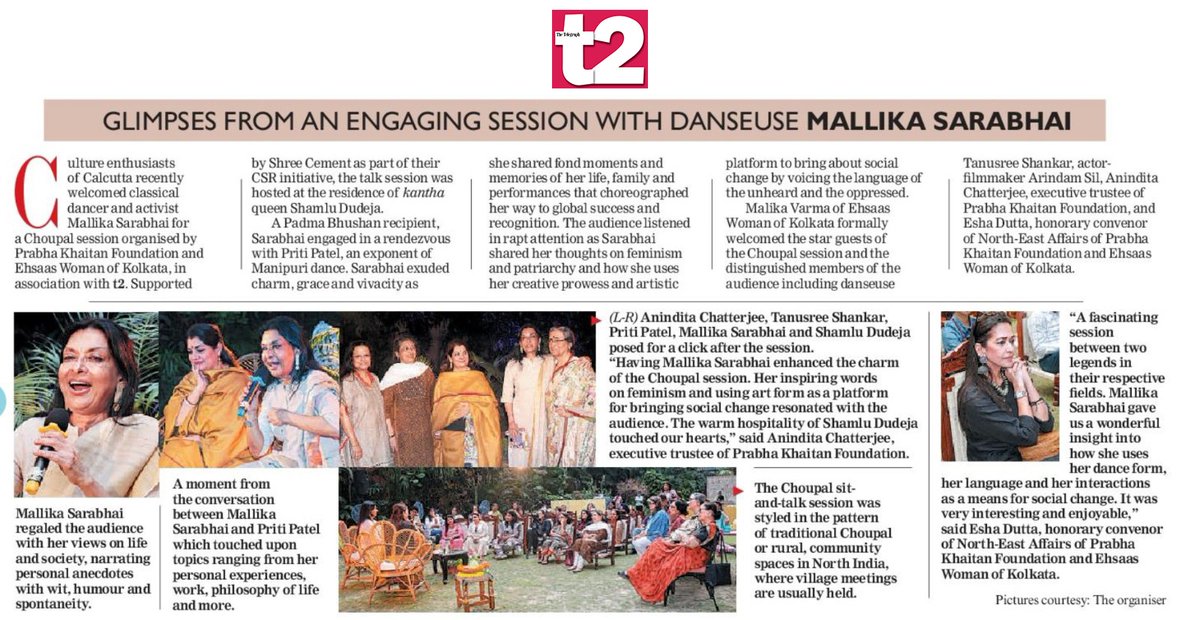 'Culture enthusiasts of Calcutta recently welcomed classical dancer and activist Mallika Sarabhai for a Choupal session...' @t2telegraph covers #Choupal session with @mallikasarabhai @tanusree1656 @ehsaaswomen @VarmaMalika @EshaDutta14 @dudeshamlu @Choupal_ #PritiPatel