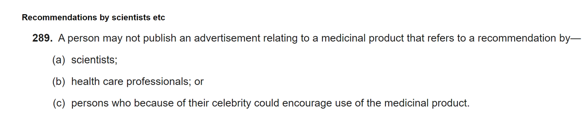 The Human Medicines Regulations states that celebrity endorsement of drugs is not allowed. legislation.gov.uk/uksi/2012/1916…