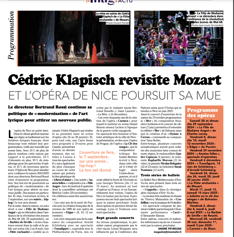 [REVUE DE PRESSE] Le célèbre cinéaste Cédric Klapisch réalisera sa première mise en scène d'Opéra pour 'La flûte enchantée' de Mozart la saison prochaine, un événement ! Merci @Nice_Matin !  

@BertrandRossi06 @VilledeNice