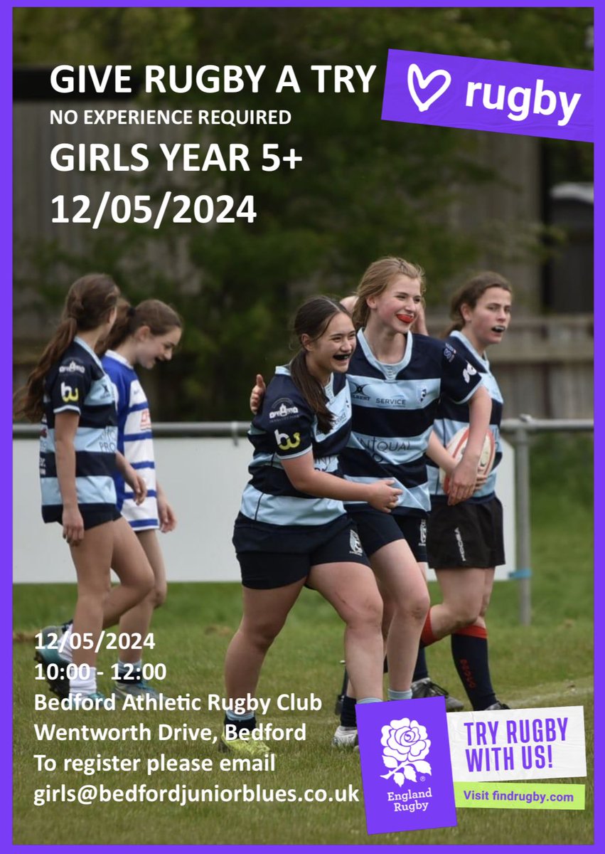 Calling all Bedford Girls 👧🏼 

Love Rugby starts this Sunday! 

⏰ 10-12
📍 Official Bedford Athletic
📧 girls@bedfordjuniorblues.co.uk to register interest 

💙

#BedfordisBlue #bluesfamily #grassrootsrugby #rugbyfamily #happinessiseggshaped #thisgirlcan #hergametoo
