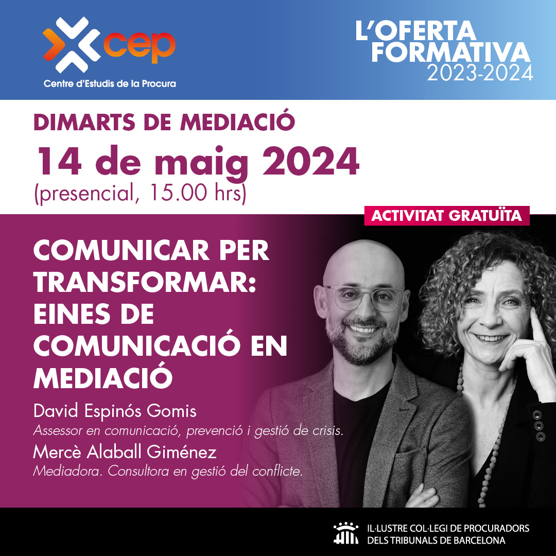 📚Recorda! Dimarts, 14 de maig, nova sessió de #formació gratuïta per parlar d'eines de #comunicació en #mediació amb <a href="/davidespinos/">David Espinós</a>, assessor en comunicació i <a href="/mercealaball/">Mercè Alaball</a>, mediadora. Inscriu-te!
👤presencial: icpb.es/cep/inscripcio/ 
📲Online: acortar.link/viMNmS