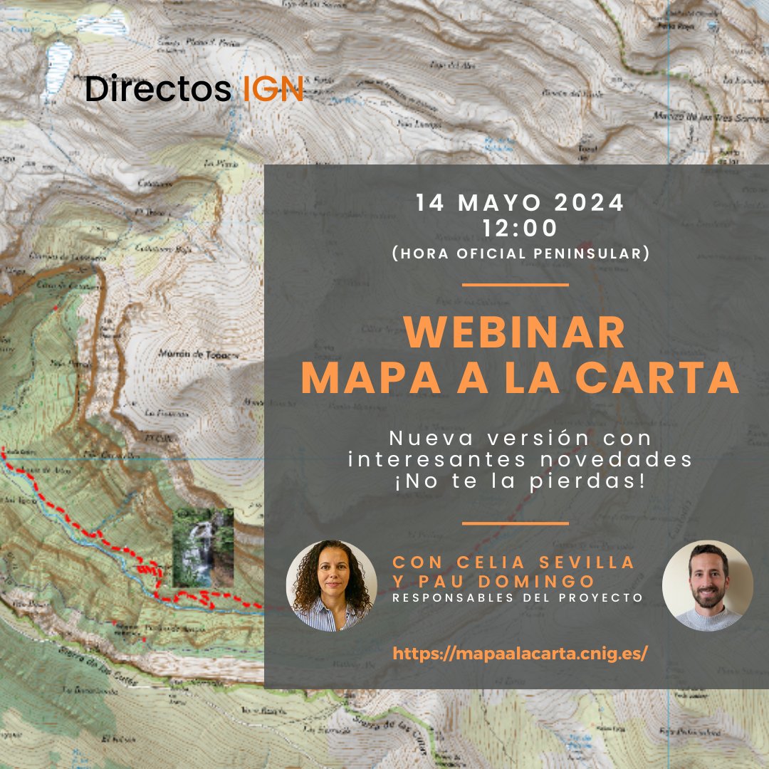 👩‍💻En el #Webinar de #MapaalaCarta aprenderás su novedades y podrás tener tu #mapa a la carta🗺️ si eres premiado en un concurso (Kahoot) 💡¡Recuerda! 🗓️14 mayo ⌚12:00  ▪️Enlace: fomento.webex.com/fomento/j.php?… ▪️Cómo conectarte: tinyurl.com/me3dkkv3 #IGNSpain #CNIG @transportesgob