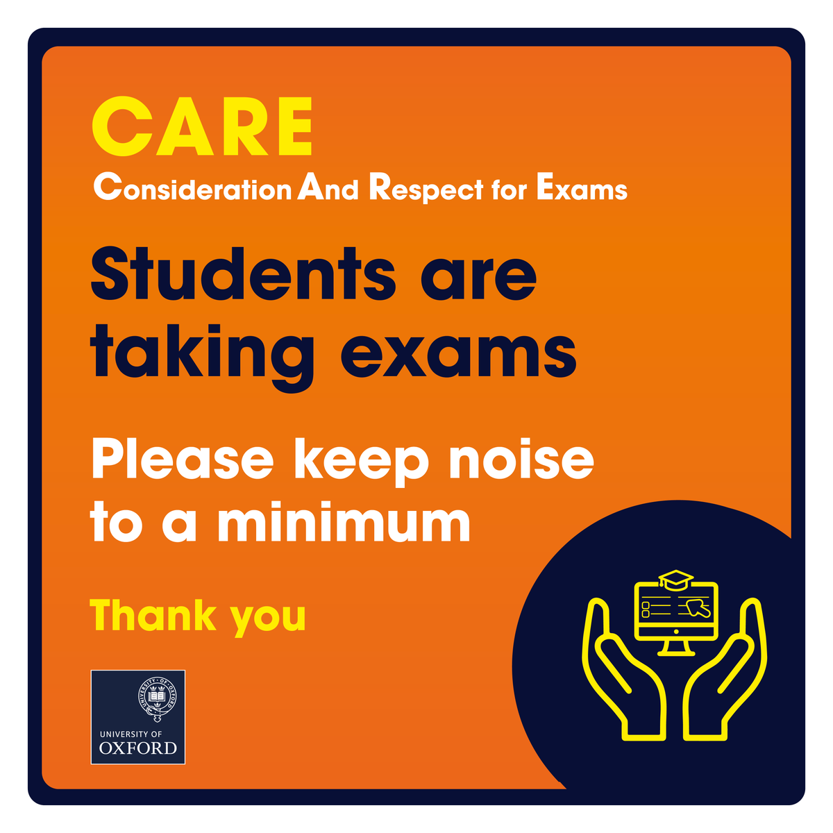 We can all inadvertently disrupt exams, whether we're indoors or outdoors. 🔕 Please be considerate and respectful at all times, to give everyone the best chance in their assessments: ox.ac.uk/take-care 🤫 🧡 Good luck if you still have exams to go this term. 🍀