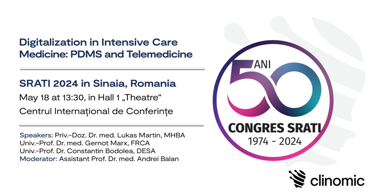 ClinomicAI's tweet photo. After a successful time at the DMEA in Berlin, Clinomic will soon be heading to Eastern Europe!

From May 15-19, our company will be exhibiting at the #SRATI congress in #Romania: 🚩Booth 56

💬 "#Digitalization in Intensive Care Medicine: #PDMS and #Telemedicine" (May 18, 13:30) https://t.co/N1iqmBG0QA