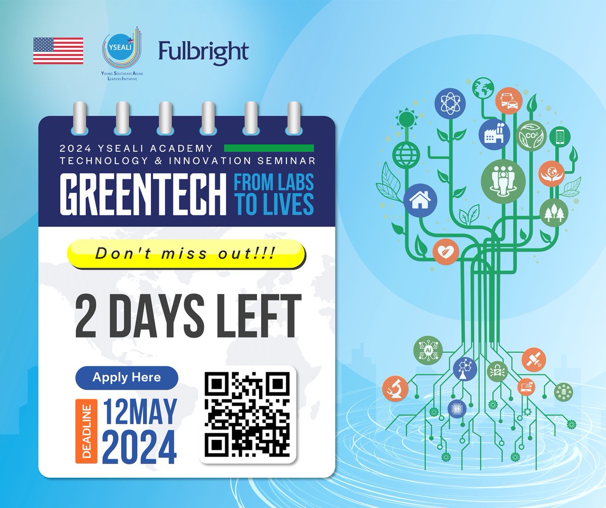 Only 2 days left to apply for the YSEALI Greentech Seminar! Dive into innovative sustainability solutions, connect with passionate YSEALI community members from 10 ASEAN countries & Timor-Leste. Apply by May 12: yseali.fulbright.edu.vn/apply/ #YSEALIAcademy #Greentech #Sustainability