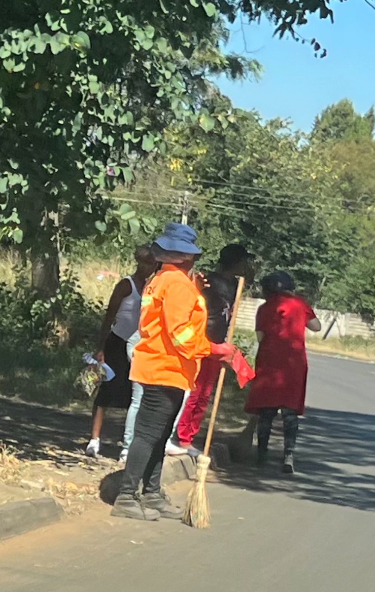 These are City of Hre @cohsunshinecity workers sweeping dry leaves off the tarmac edge in Greencroft. Strangely, they are dumping the leaves right on the edge. Shortly after, the wind’s blowing them back onto the road. What did the people of Hre do to deserve this stupidity?