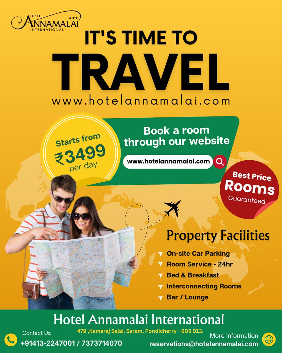 It's time to travel.!!

#HotelAnnamalai #HotelannamalaiInternational #hotelannamalaipondy #travel #restaurant #vacation #holiday #familyrooms #hospitality #luxuryhotel #pondicherryhotels #booknow #Nonsmokinghotel #Pondicherrydiaries #pondicherrytourism #HoelandResort #staycation