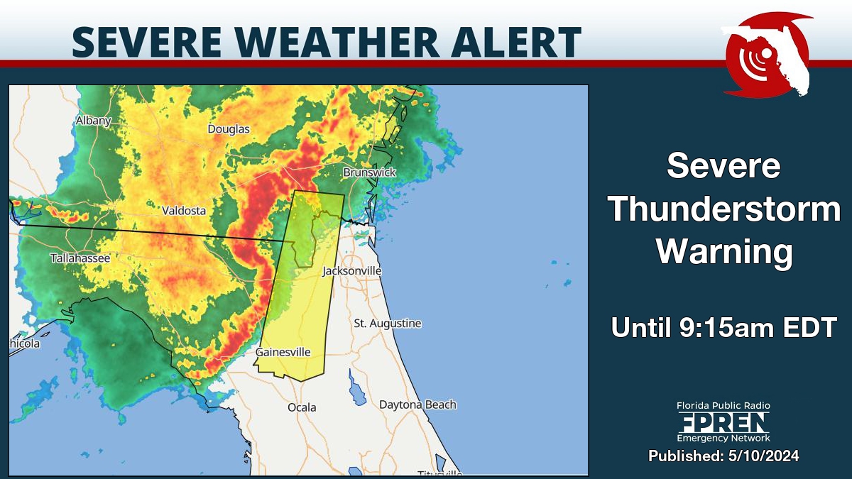 Severe Thunderstorm Warning for Alachua, Baker, Bradford, Clay, Duval, Marion, Nassau, Putnam and Union County until 9:15am EDT. Details on the Florida Storms app. #flwx
