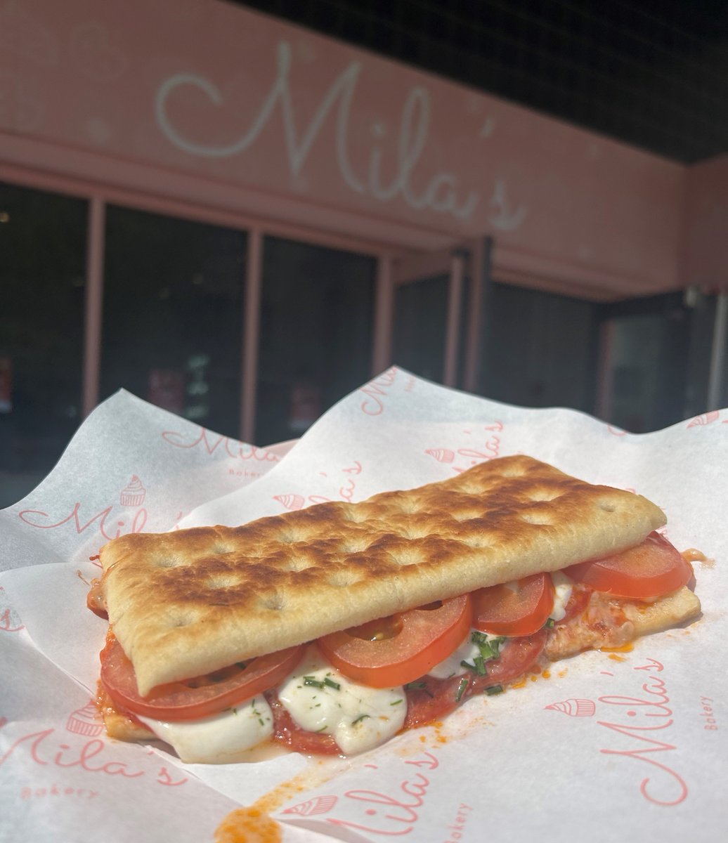 This week's special at Milas's Bakery in Old Town Street. Pizza filled focaccia - Mozzarella, cheddar, tomato & pepperoni - toasted. Have it in or take it away in the sun☀️