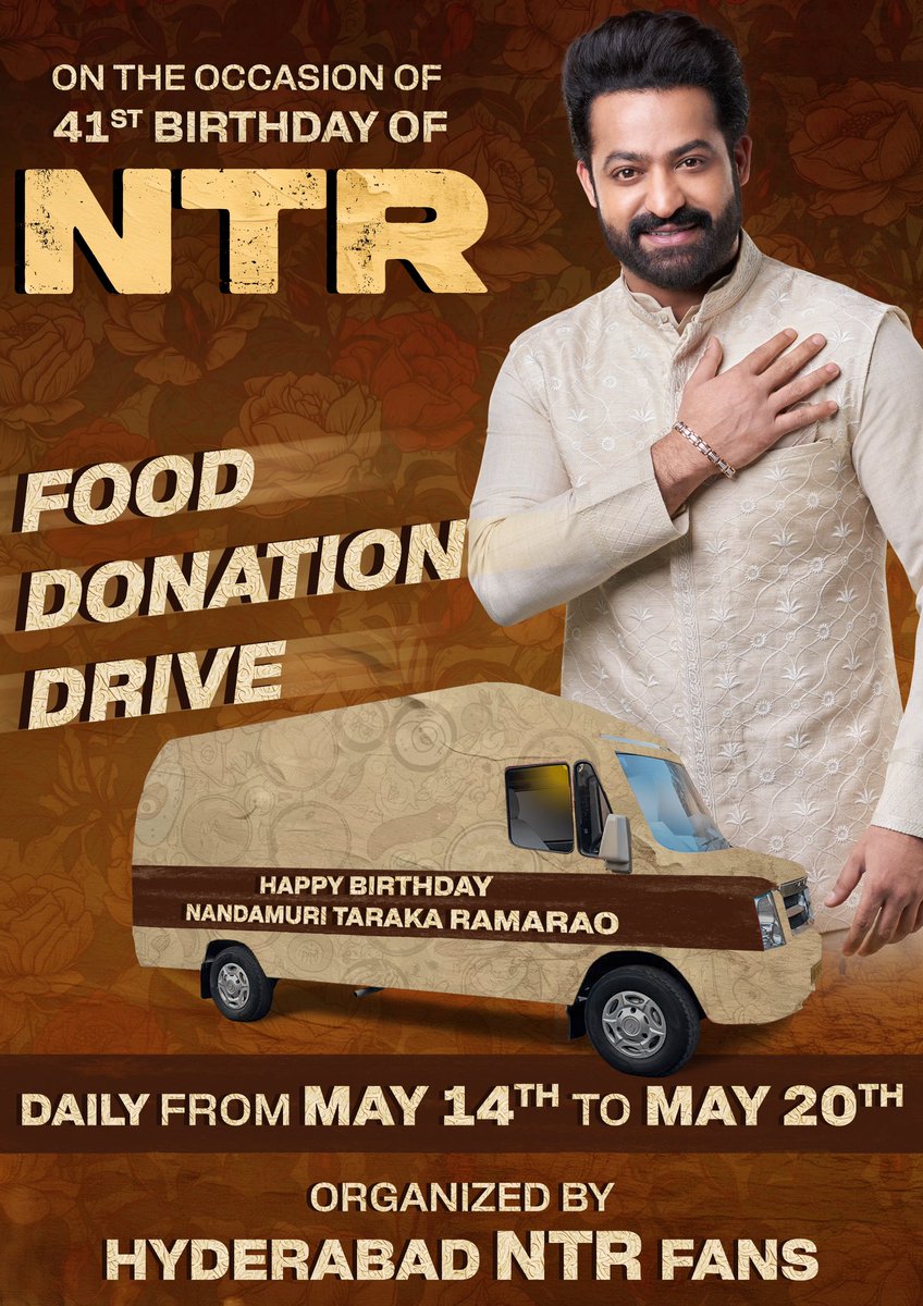 On The Occasion Of Man Of Masses @tarak9999 Birthday Week, We Are Delighted  To Launch Food Donation Drive From May 14th To May 20th In Hyderabad ❤️‍🔥

మా నందమూరి తారక రామారావు పేరు మీద అన్నదానానికి శ్రీకారం 🙏

#ManOfMassesNTR #JrNTR