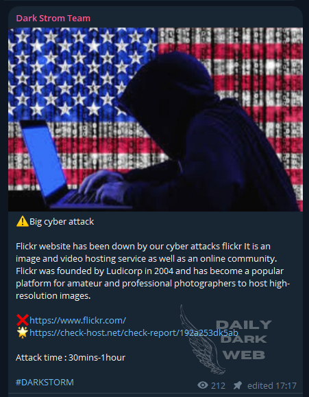 #USA 🇺🇸 - Dark Storm Team allegedly carried out another #DDoS attack on Flickr website x.com/dailydarkweb/s… #DarkWeb #cyberattack