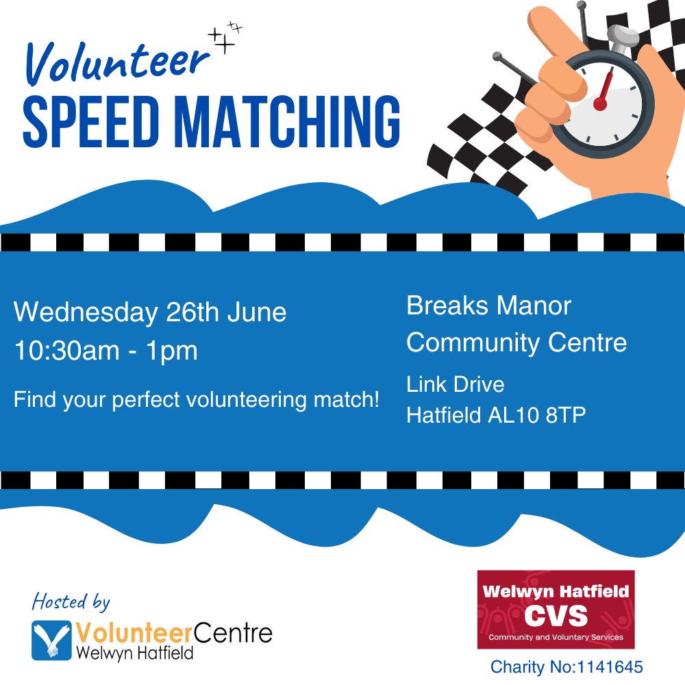 It's back! The Volunteer Speed Matching event is returning to The Volunteer Centre #WelwynHatfield and we’re inviting YOU

Chat with local non-profits and groups on Wed 26th June 10:30am - 1pm @BreaksManor

Participants and Organisations welcome

Visit ➡️ bit.ly/4btrlTp