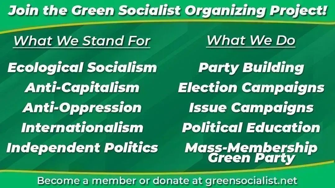 Become a member of the Green Socialist Organizing Project and help us develop resources to help Green organizers  grow the Green Party into the independent political force we need!

Become a member at buff.ly/3ysboeE