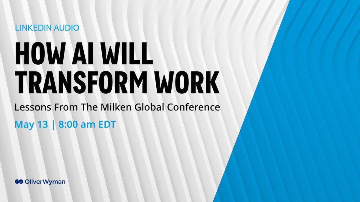 Marsh McLennan (@marshmclennan) on Twitter photo Generative AI's impact on the workforce are key topics at the Milken Institute Global Conference this year. Join <a href="/OliverWyman/">Oliver Wyman</a>'s #LinkedInAudioEvent for a live discussion on key takeaways from the event. bit.ly/4bsfvJ8
#AI #MIGlobal #LinkedInAudioEvent Generative AI's impact on the workforce are key topics at the Milken Institute Global Conference this year. Join <a href="/OliverWyman/">Oliver Wyman</a>'s #LinkedInAudioEvent for a live discussion on key takeaways from the event. bit.ly/4bsfvJ8
#AI #MIGlobal #LinkedInAudioEvent