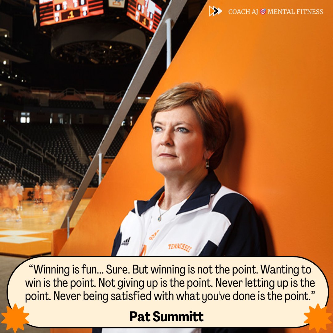 Pat Summitt said, “Winning is fun... Sure. But winning is not the point. Wanting to win is the point. Not giving up is the point. Never letting up is the point. Never being satisfied with what you've done is the point.' Character is what you do. It means choosing