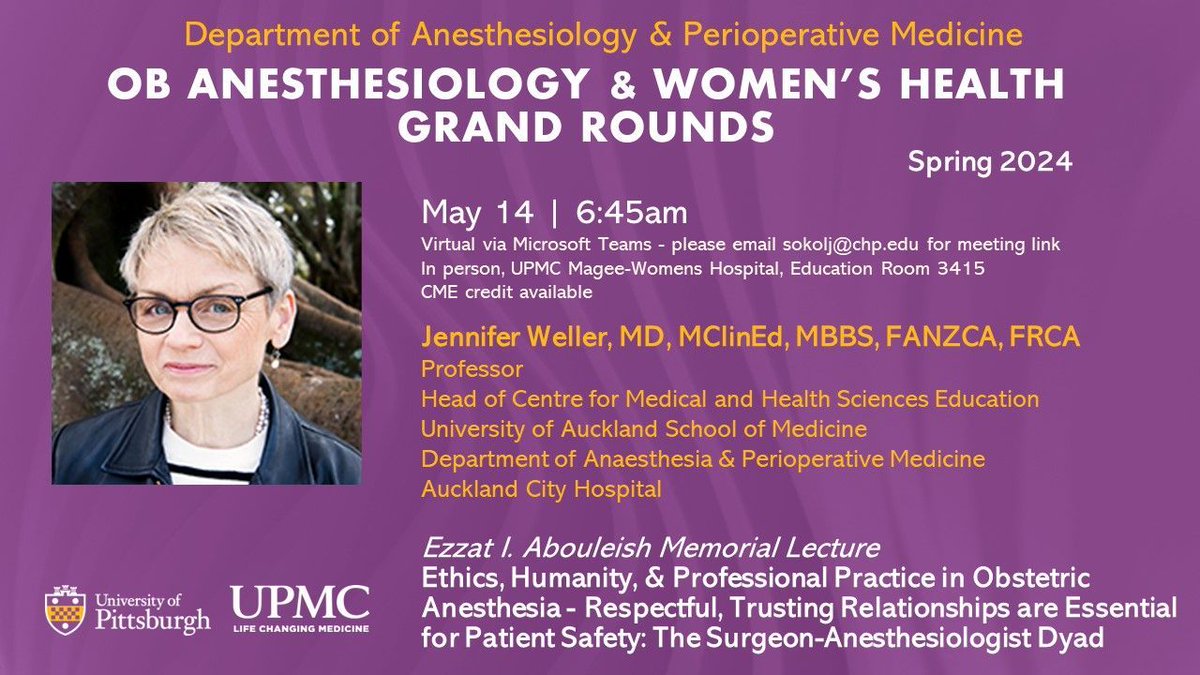 👭 OB Anesthesiology Grand Rounds, May 14, 6:45am: Dr. Jennifer Weller, 'Ethics, Humanity, and Professional Practice in OB Anesthesia: Respectful, Trusting Relationships are Essential for Patient Safety' 📅 Event Details: buff.ly/44JTMsn