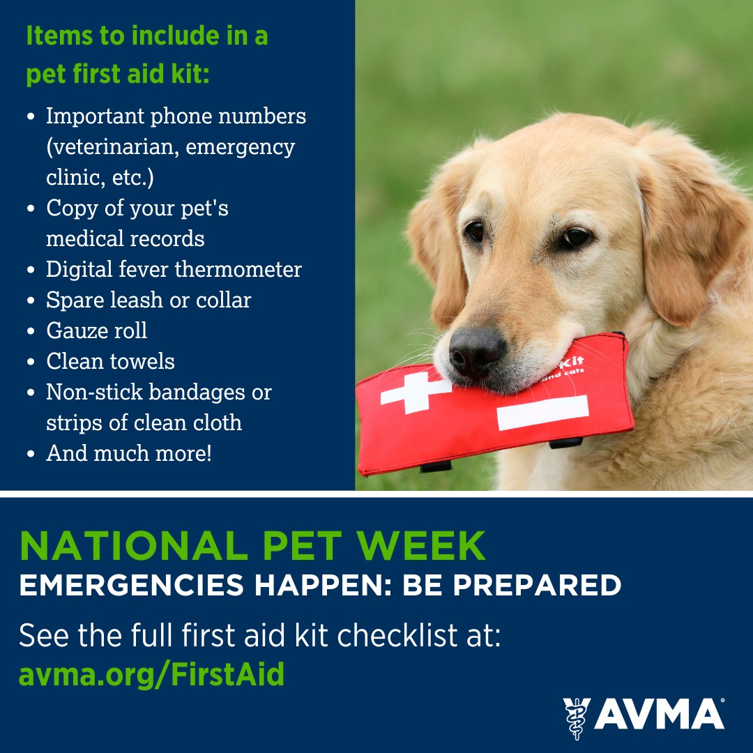 Today's theme during #NPW2024 is 'Emergencies happen: Be prepared.' We never know when or where an emergency will happen. Here are the essentials to include in a pet first aid kit. You can find more at avma.org/FirstAid.