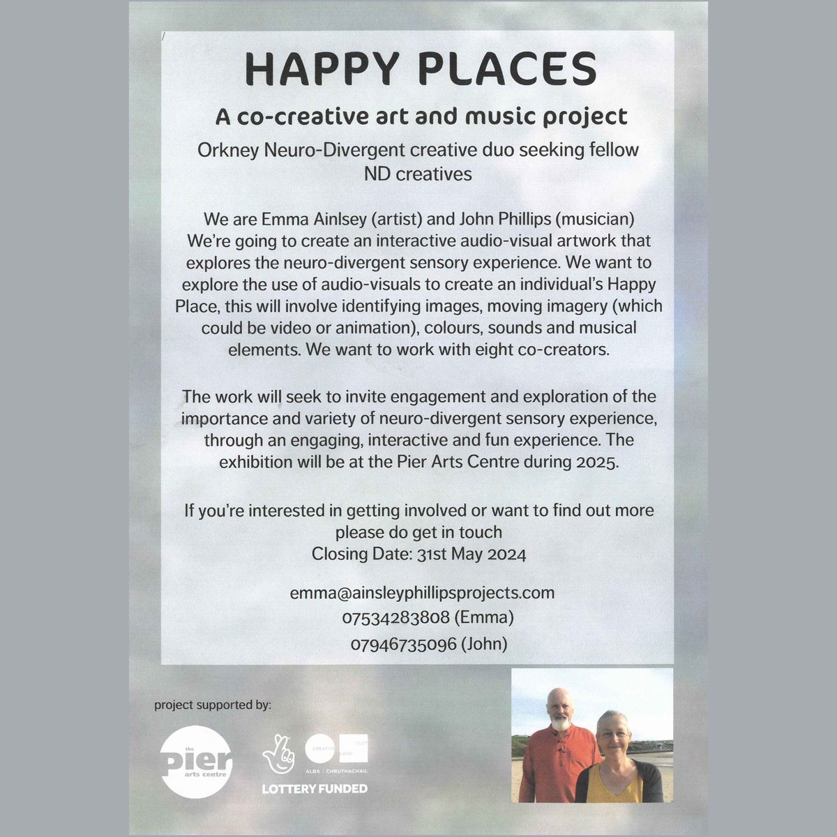 AinsleyPhillips Projects are seeking fellow Orkney based neuro-divergent creatives to work with on their Happy Places project. The final work will be shown at the Pier Arts Centre next year. CLOSING DATE 31 MAY 2024 For full details visit buff.ly/3wtC2Xc #Orkney