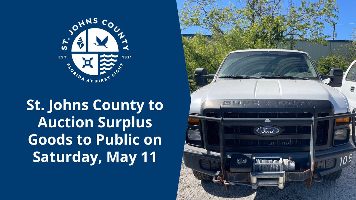 St. Johns County is hosting a surplus auction on Saturday, May 11, 10am at 2416 Dobbs Road. Get a sneak peek on Friday, May 10, from 10 am to 3 pm. Auction day (Saturday, May 11) preview will begin at 8am.
 
Full list of items: geauction.com/event/sjc-surp… #MYSJCFL