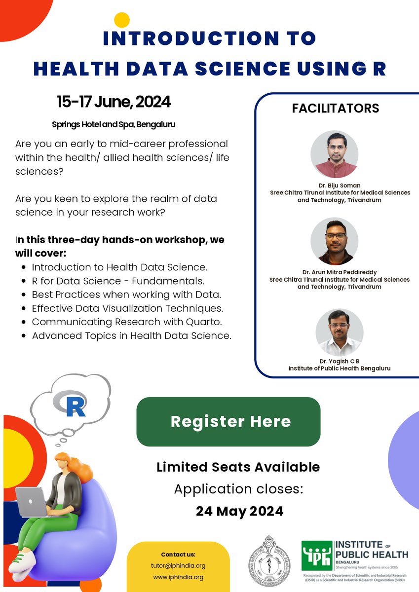 📢Exciting News! Dive into the world of data science by joining our collaborative workshop on 'Introduction to Health Data Science using R' for early-mid career public health professionals especially postgraduates, PhD students, and research scholars from 15th to 17th June 2024…